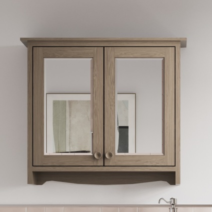 Product lifestyle image of burlington guild 650mm dark oak wall mounted bathroom mirror cabinet GU6557DOK_CAB